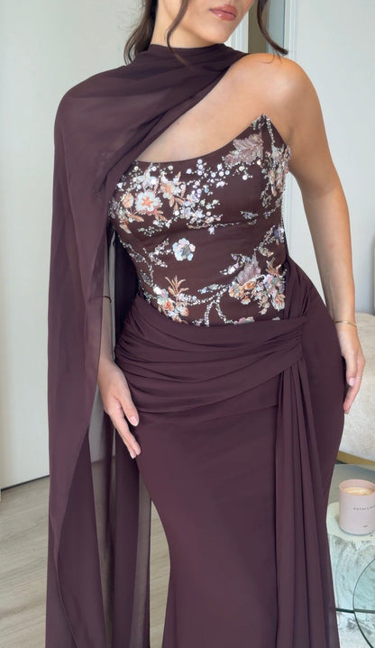 Embroidered Corset Gown with Scarf Cape