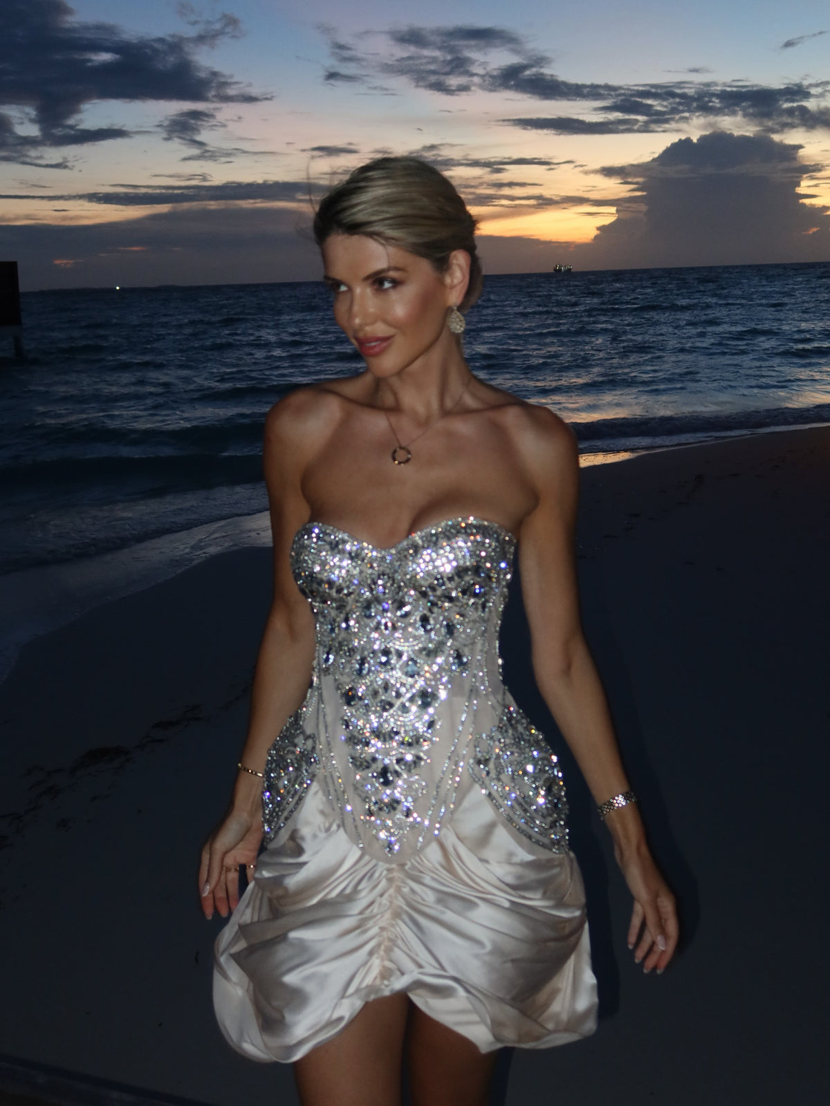 Strapless Beaded Corset Mini Dress with Ruched Skirt