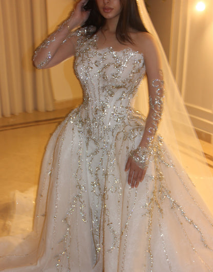 Sequined Long Sleeve Wedding Dress with Overskirt