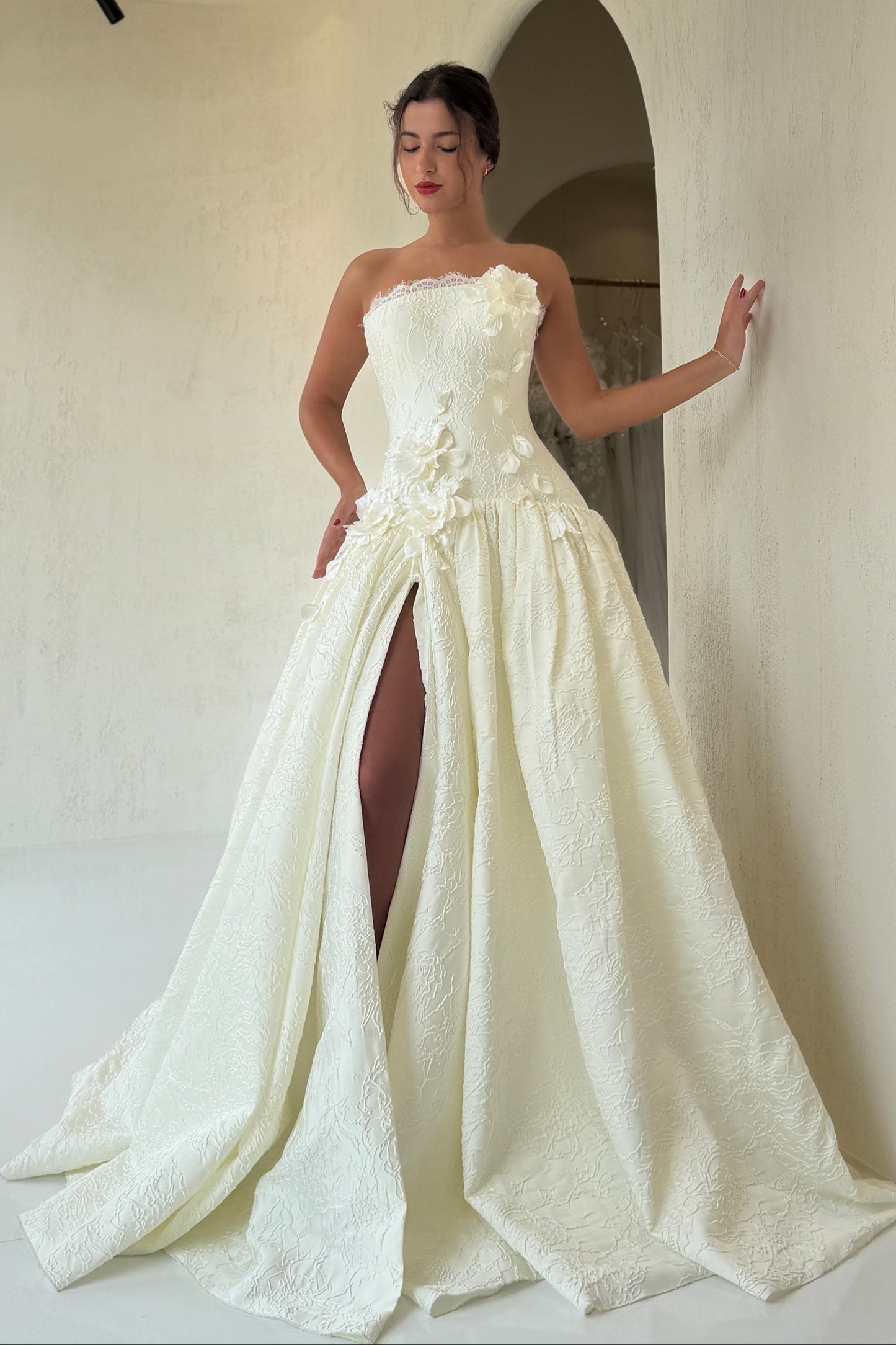 Strapless Jacquard Ball Gown with 3D Flowers