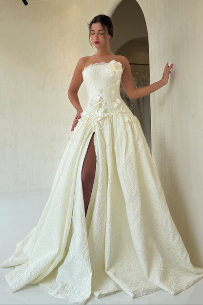 Strapless Jacquard Ball Gown with 3D Flowers