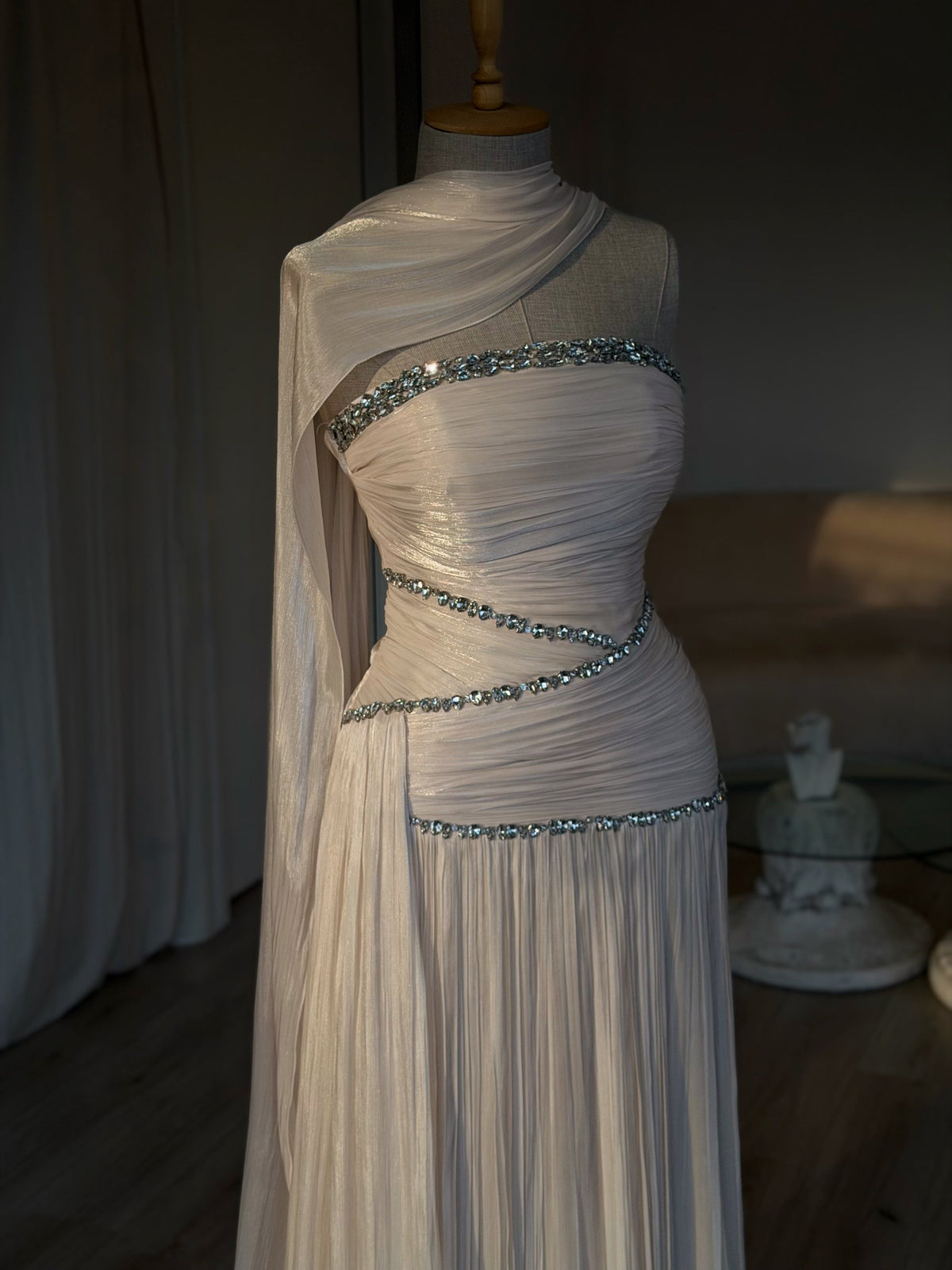 Ruched Column Gown with Draped Cape and Crystal Trim