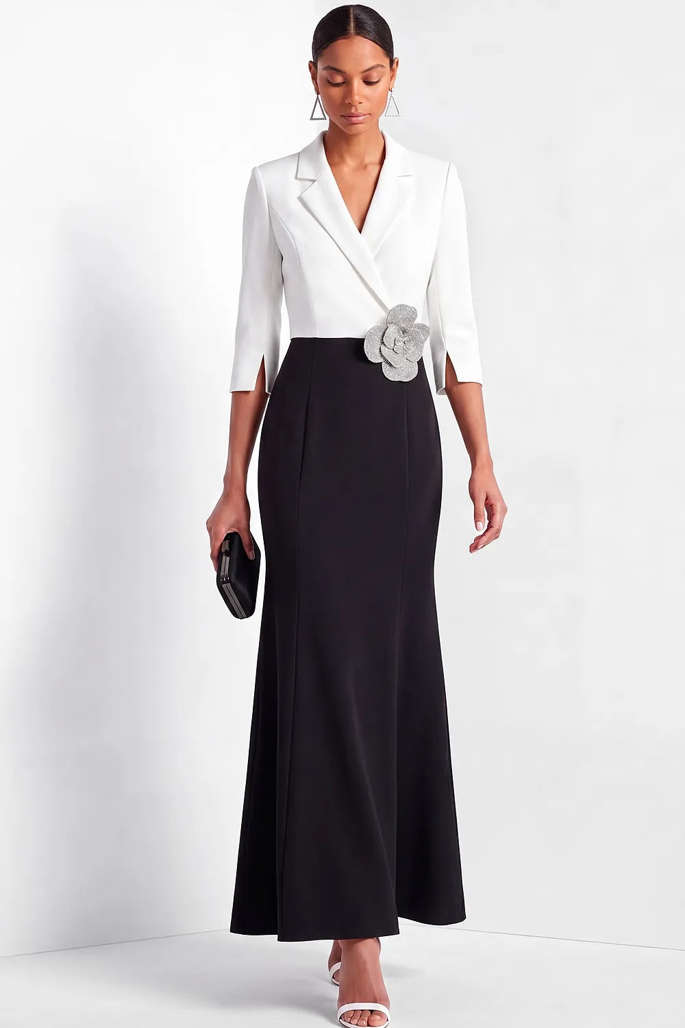 Notched Lapel 3/4 Sleeve Gown with 3D Flower