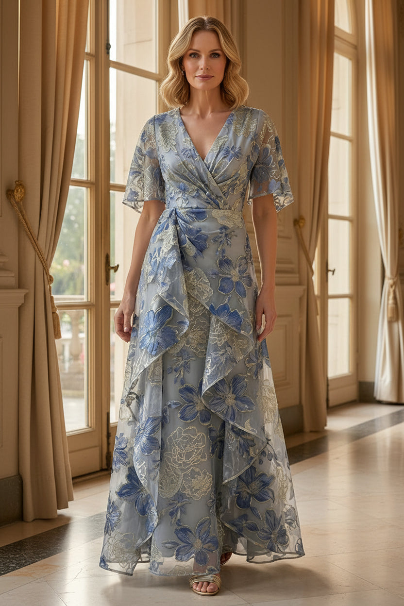 Floral Print Wrap Gown with Flutter Sleeves & Tiered Skirt