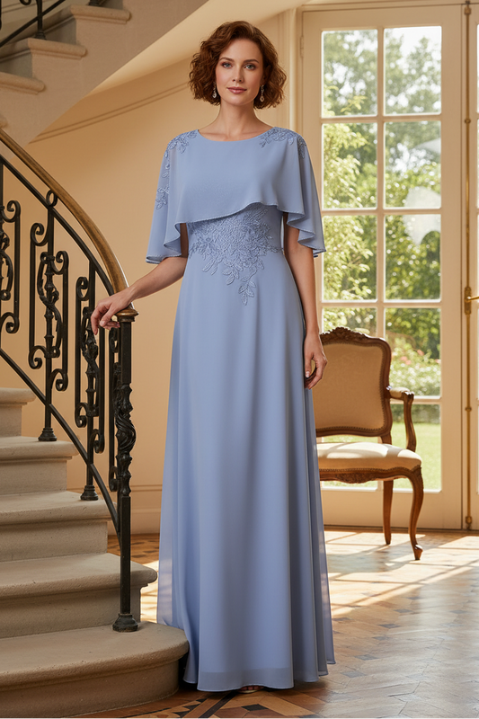 A-Line Chiffon Evening Dress with Cape Overlay