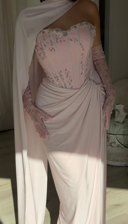 Corset Gown with Scarf Neckline and Gloves