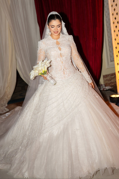 High-Neck Lace Ball Gown Wedding Dress