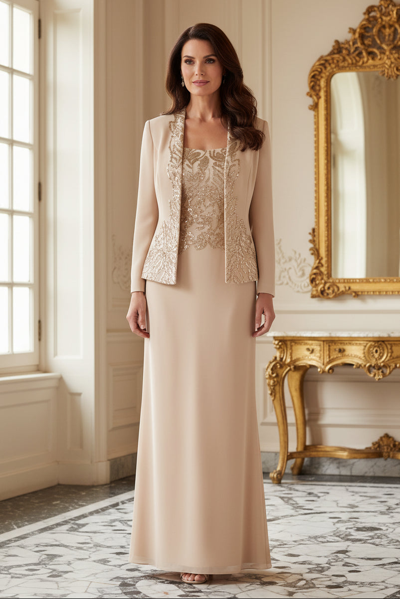 Two-Piece Beaded Jacket Sheath Evening Gown Set