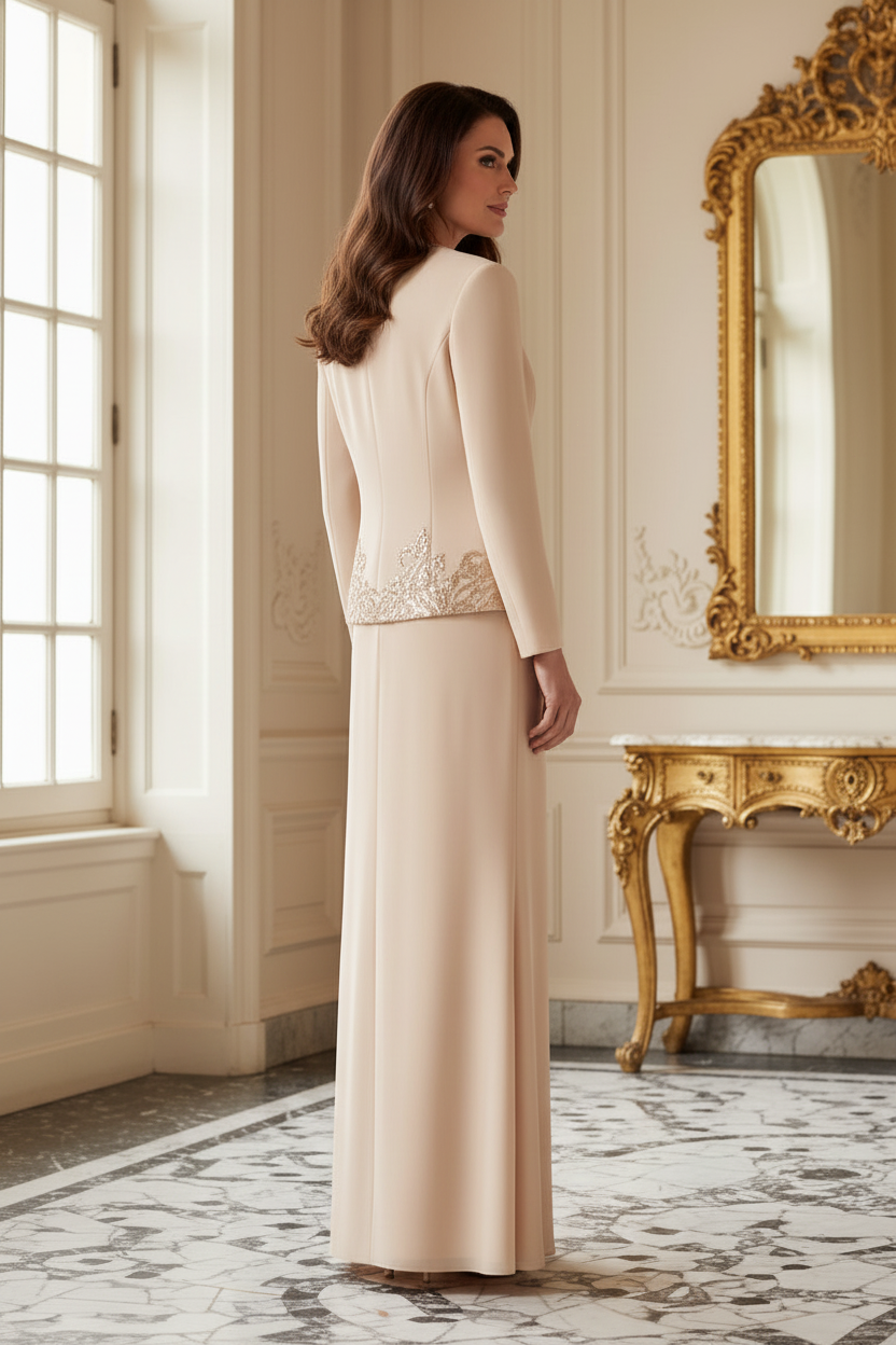 Two-Piece Beaded Jacket Sheath Evening Gown Set