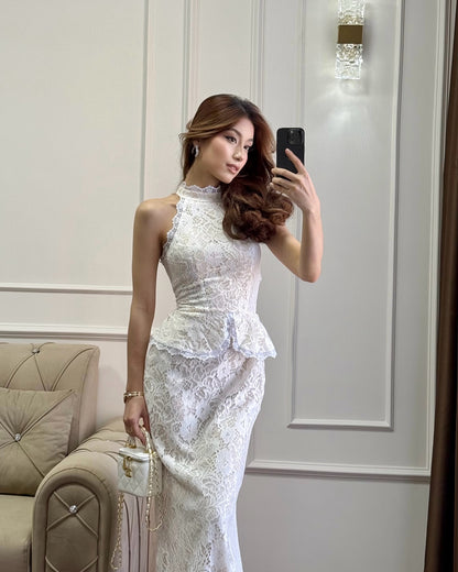 Halter High Neck Peplum Lace Mermaid Maxi Dress