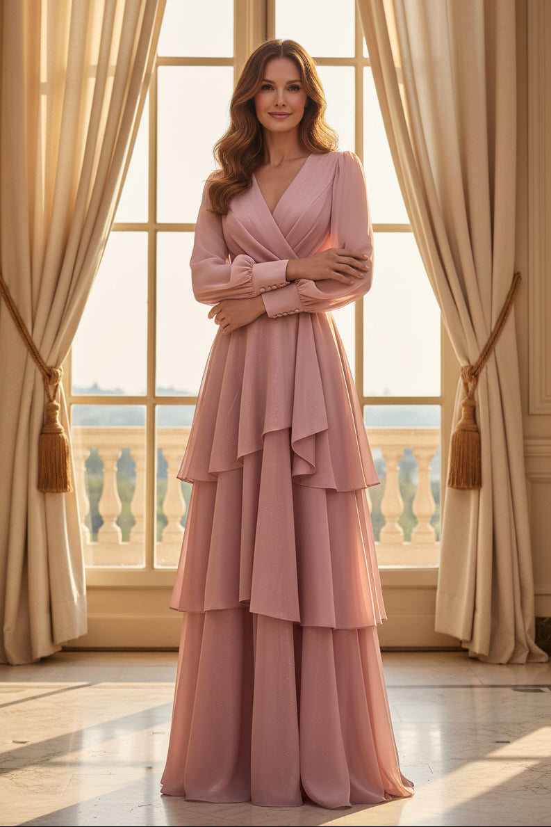 Tiered A-Line Maxi Dress with Long Sleeves and V-Neck