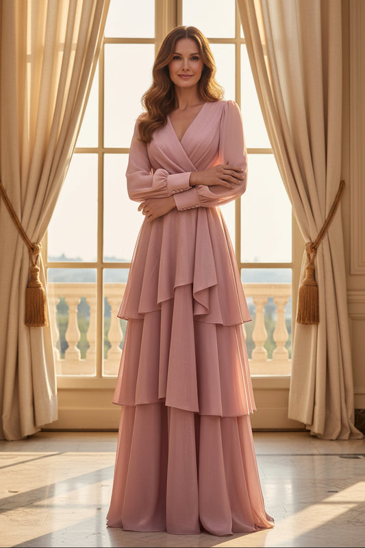 Tiered A-Line Maxi Dress with Long Sleeves and V-Neck