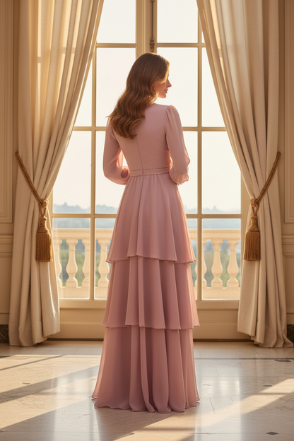 Tiered A-Line Maxi Dress with Long Sleeves and V-Neck