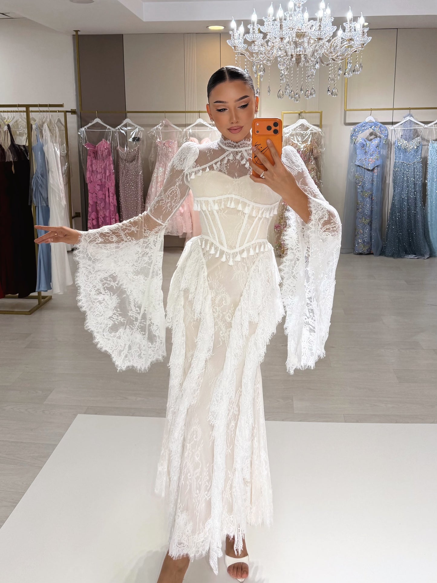 Lace Maxi Dress with Bell Sleeves and Corset