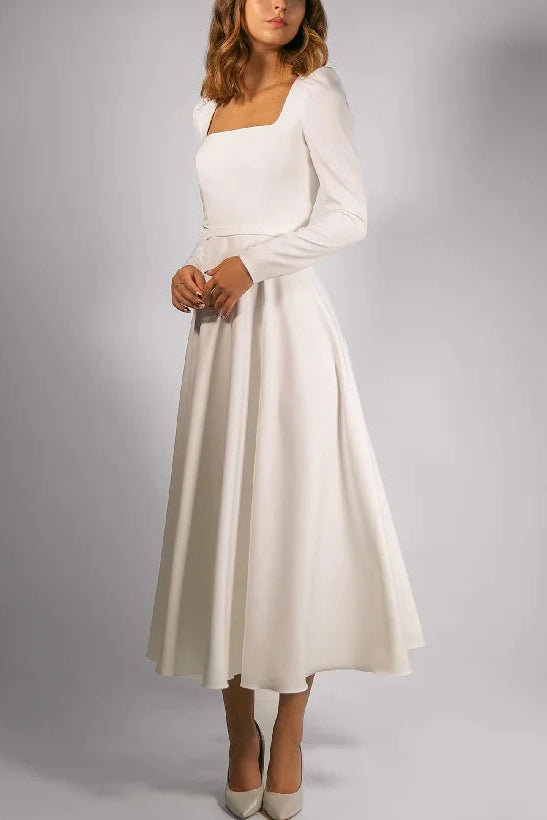 Minimalist Square Neck Long Sleeve A-Line Midi Dress