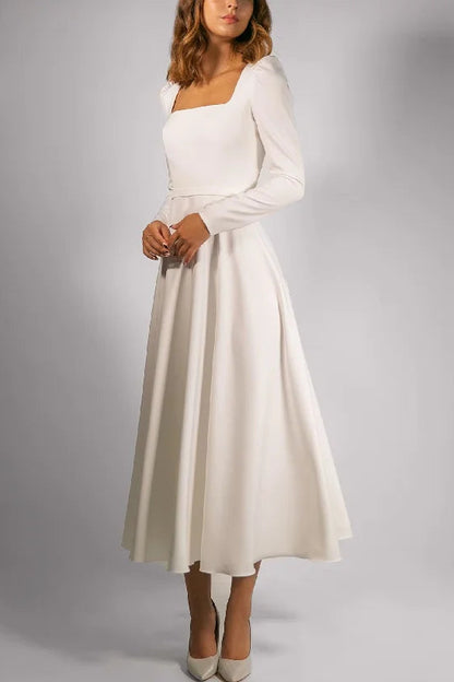 Minimalist Square Neck Long Sleeve A-Line Midi Dress