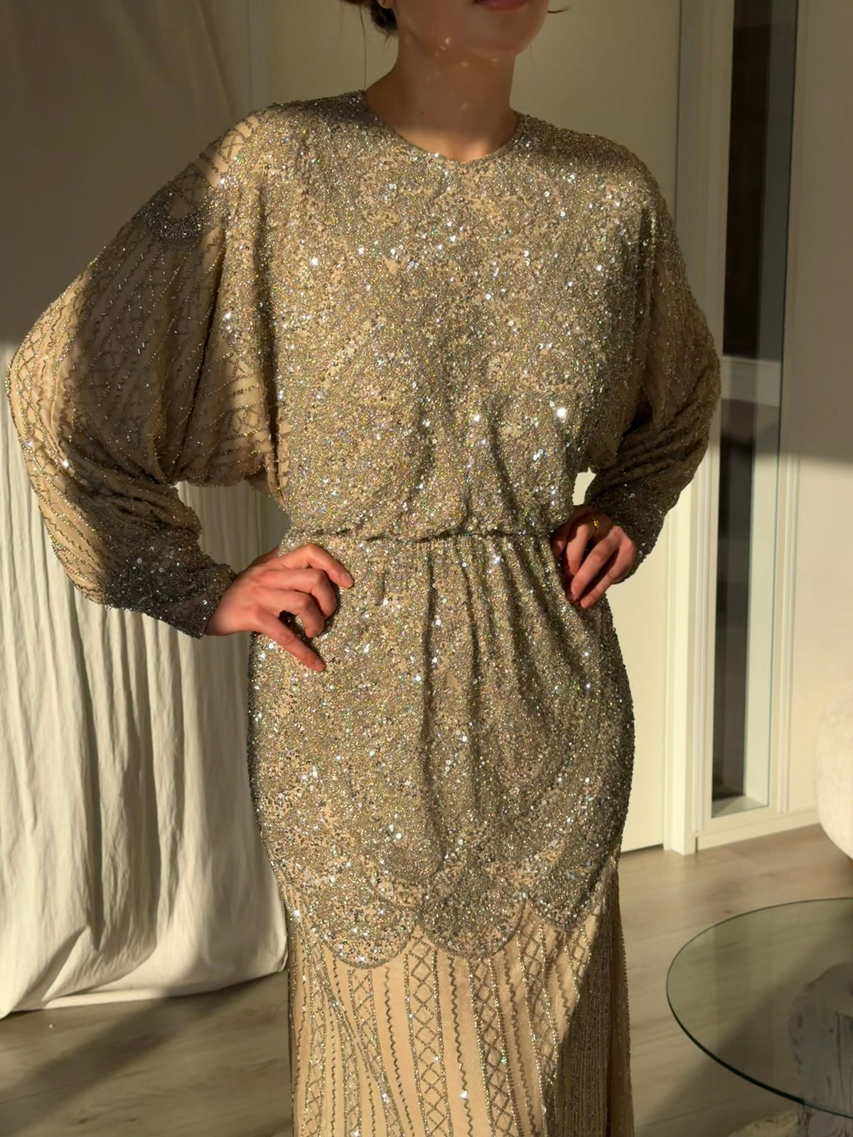 Beaded Blouson Maxi Dress with Dolman Sleeves