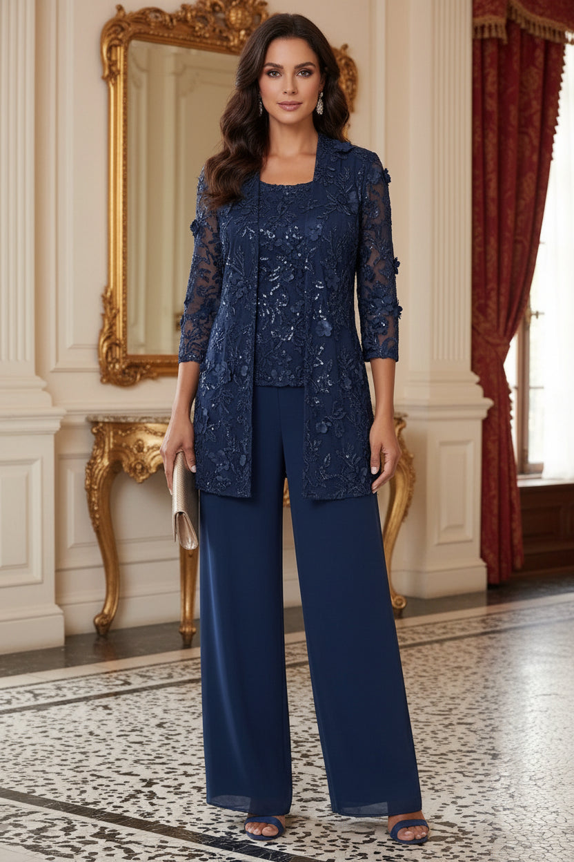3-Piece Sequin Lace Jacket & Wide-Leg Pantsuit