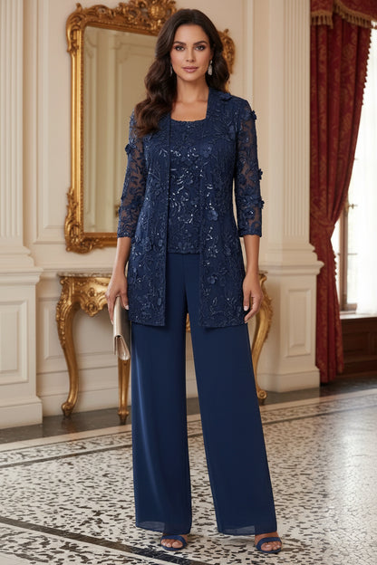 3-Piece Sequin Lace Jacket & Wide-Leg Pantsuit