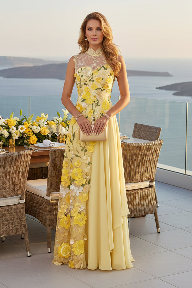 Floral Embroidered High Neck A-Line Gown