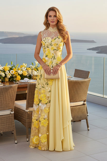 Floral Embroidered High Neck A-Line Gown