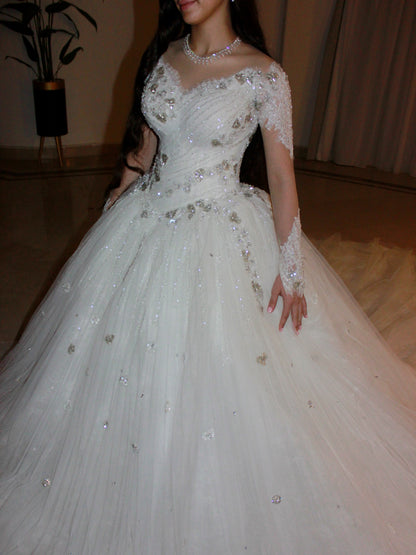 Beaded Long Sleeve Tulle Ball Gown Wedding Dress