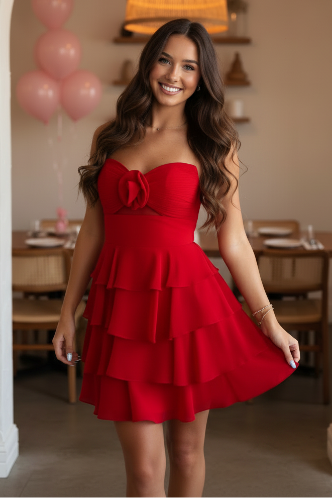 Strapless Tiered Chiffon Mini Dress with 3D Flower