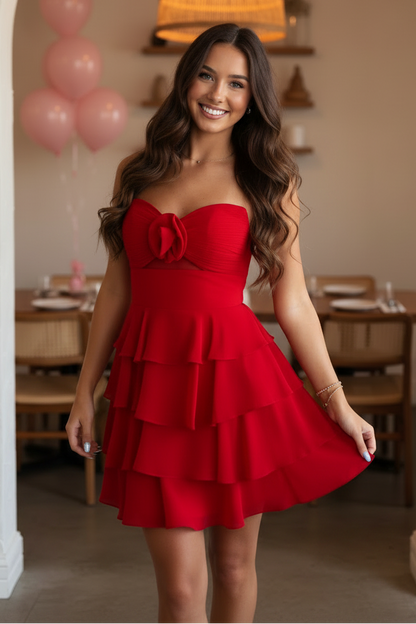 Strapless Tiered Chiffon Mini Dress with 3D Flower