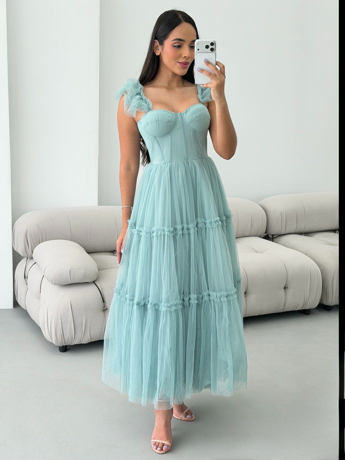 Tiered Tulle Corset Midi Dress with Ruffle Straps