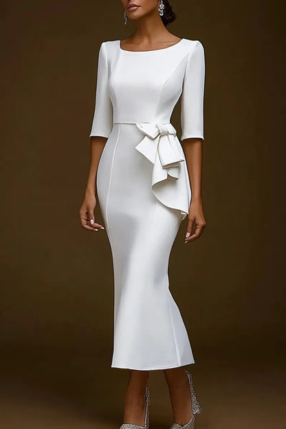 Side Ruffle Bow Waist Midi Dress with Elbow Sleeves