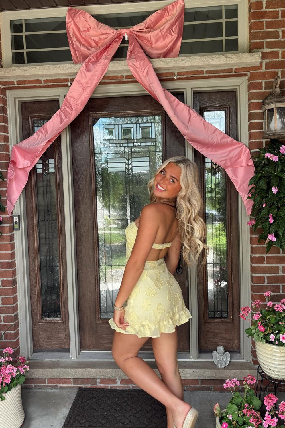 Strapless Floral Textured Mini Dress with Tie Front
