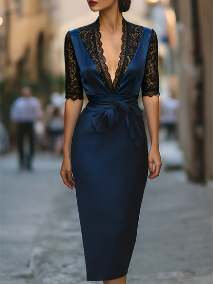 Lace Contrast Plunge Midi Dress with Waist Tie