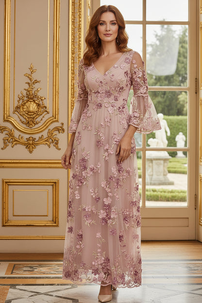 3D Floral Applique Bell Sleeve A-Line Maxi Dress