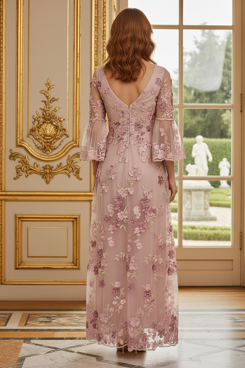 3D Floral Applique Bell Sleeve A-Line Maxi Dress