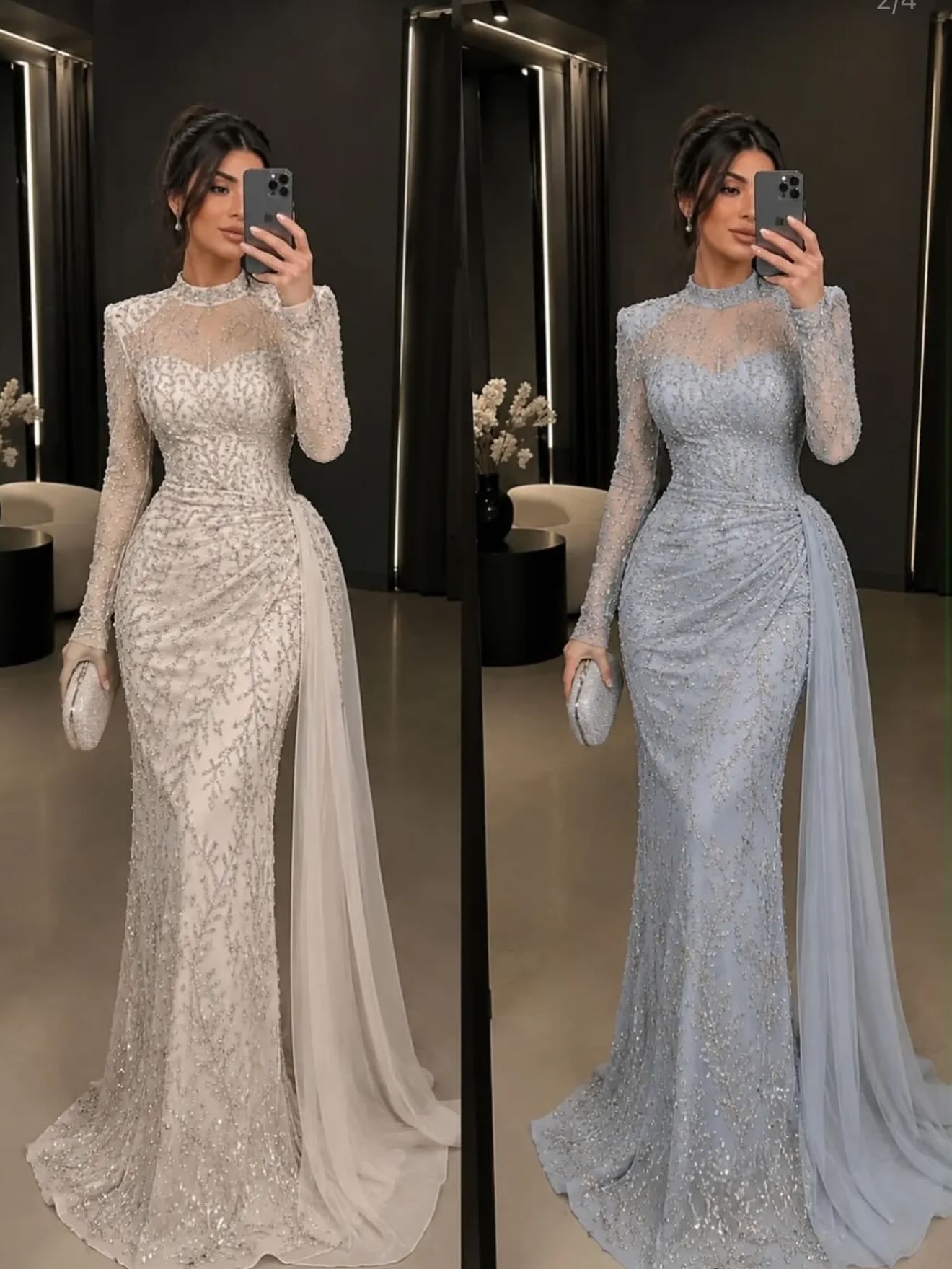 Embellished Illusion High Neck Evening Gown with Drape