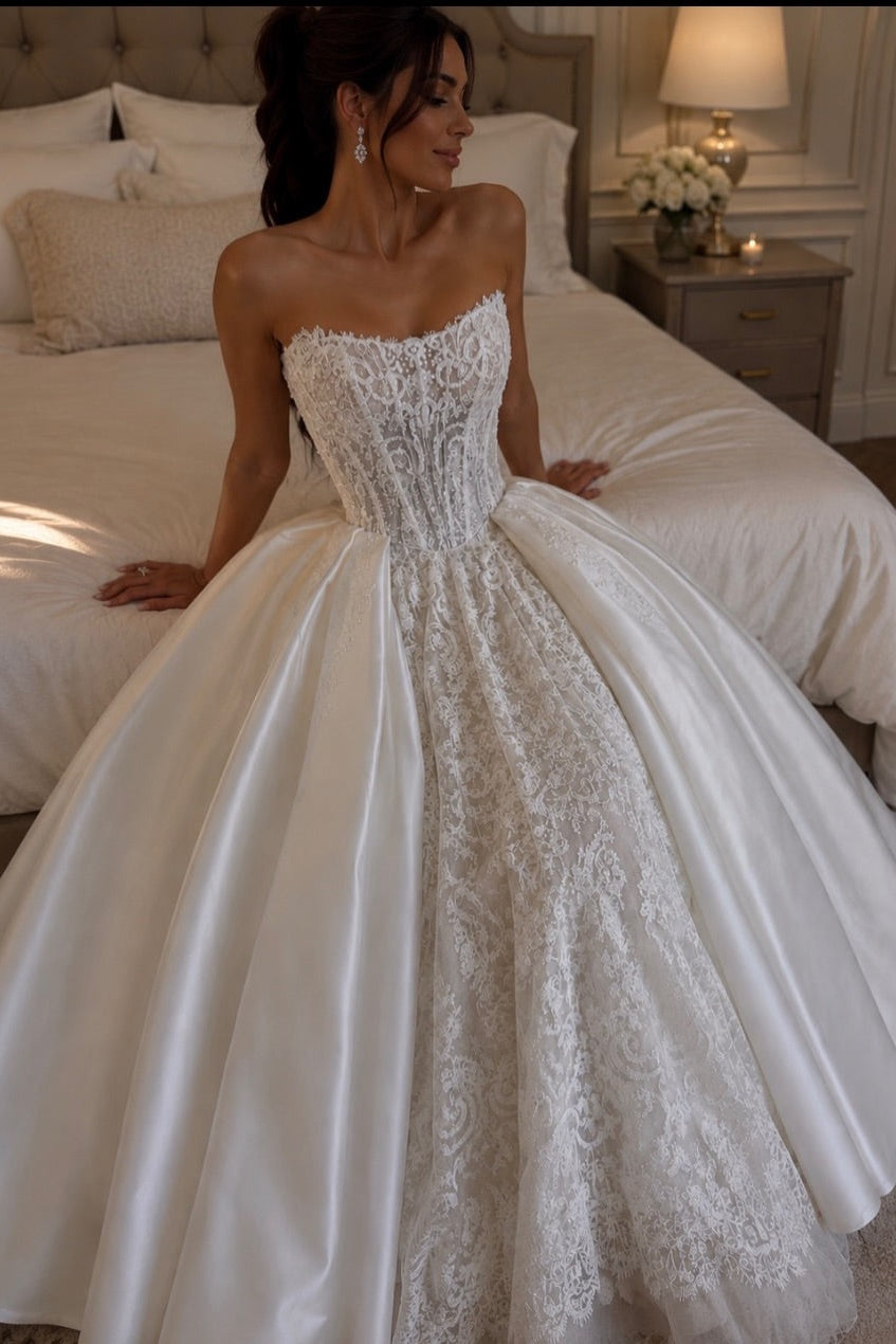 Strapless Lace Corset Satin Ball Gown