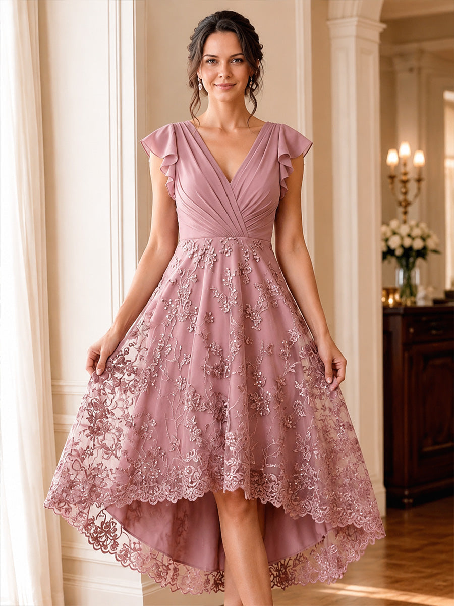 V-Neck Flutter Sleeve High-Low Lace Dress
