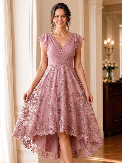 V-Neck Flutter Sleeve High-Low Lace Dress