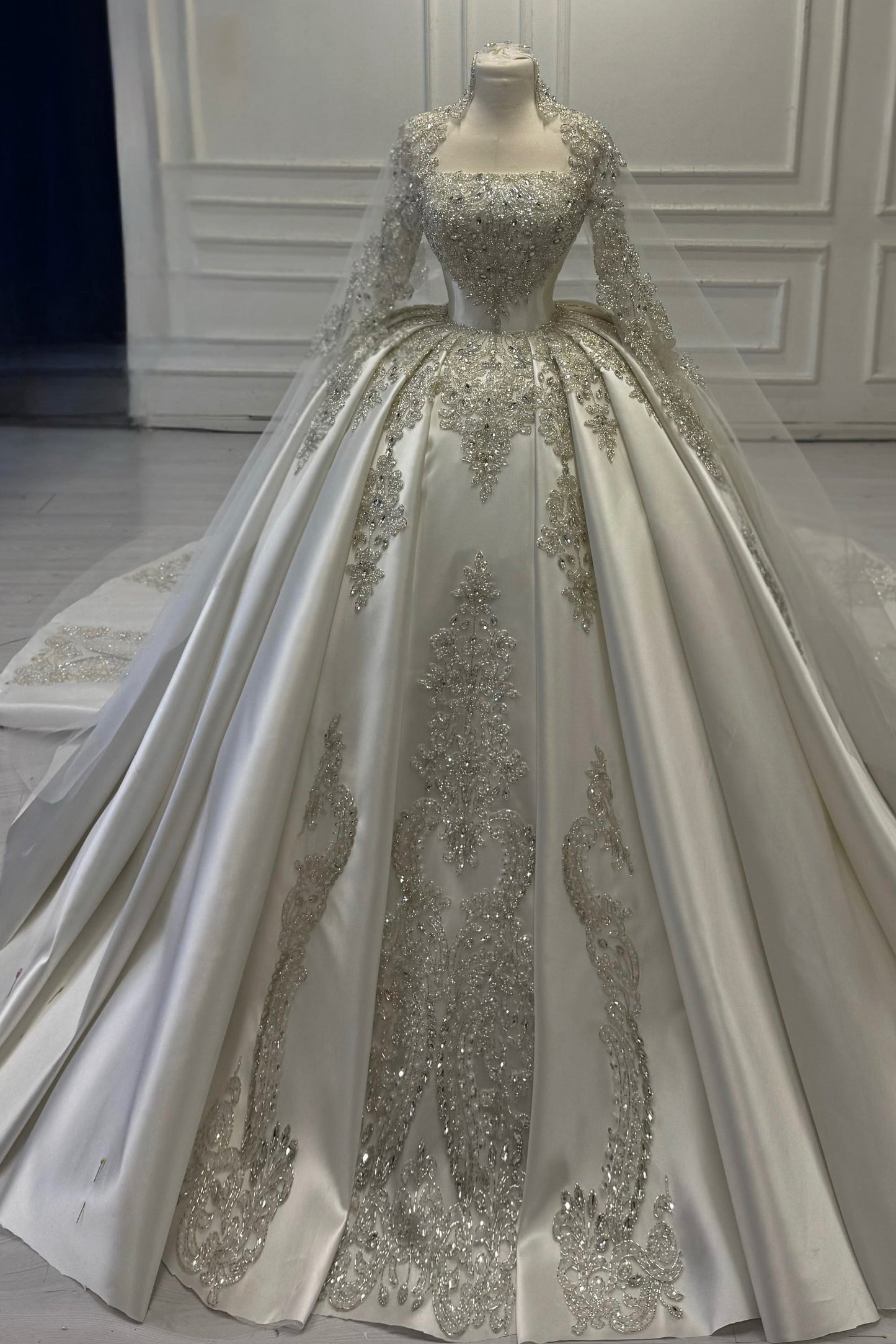 Crystal Beaded Satin Ball Gown Wedding Dress