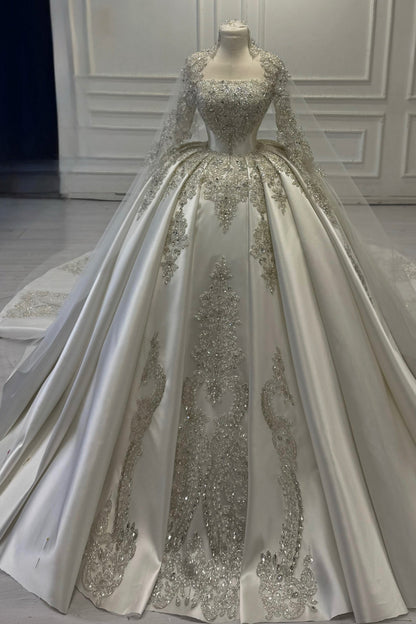 Crystal Beaded Satin Ball Gown Wedding Dress