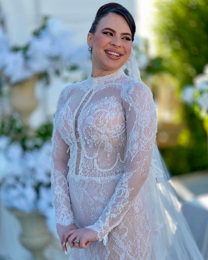 High-Neck Illusion Lace Mermaid Wedding Dress
