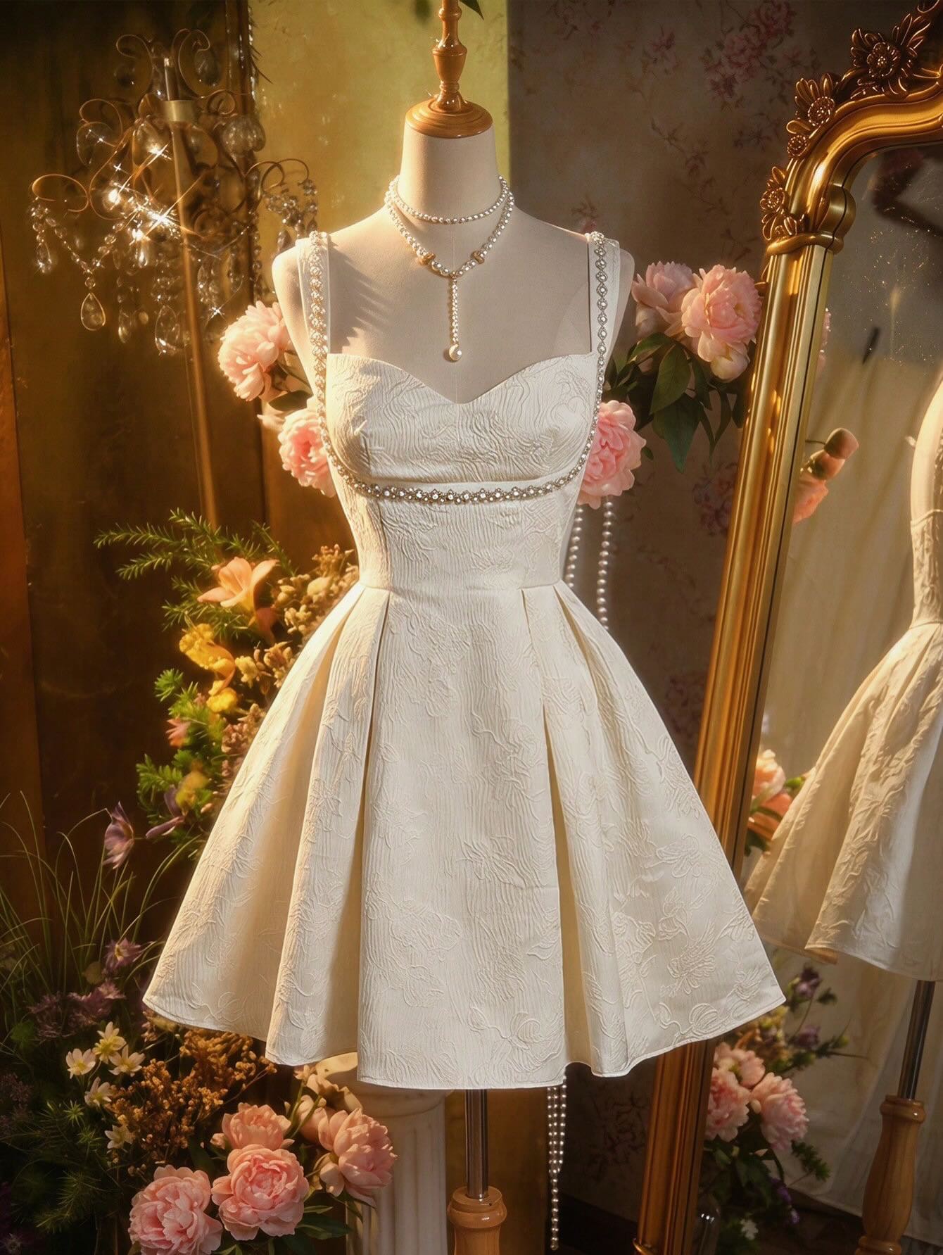 Sweetheart Jacquard A-Line Mini Dress with Pearls