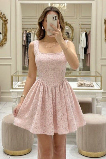 Square Neck Jacquard Mini Dress with Back Bow