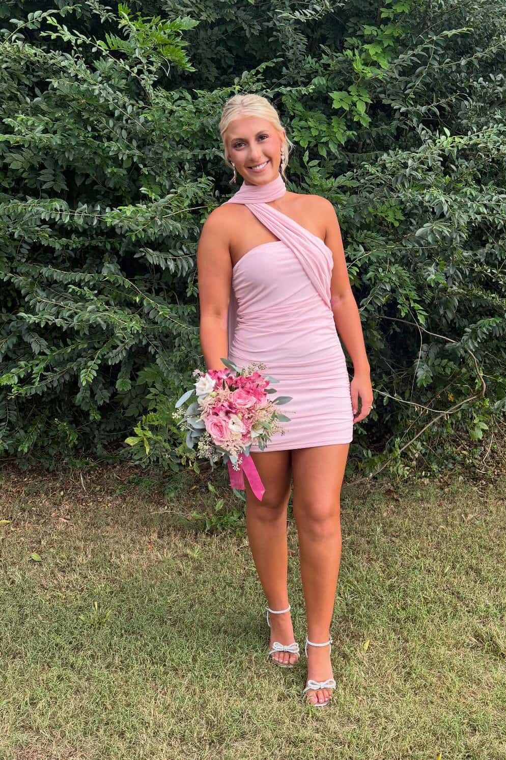 One-Shoulder Ruched Mini Bodycon Dress with Shoulder Drape