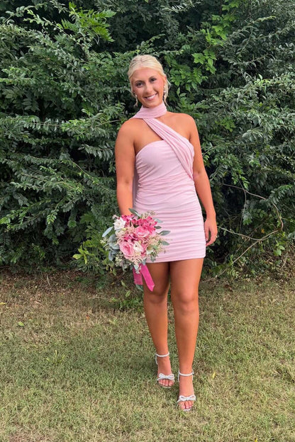 One-Shoulder Ruched Mini Bodycon Dress with Shoulder Drape