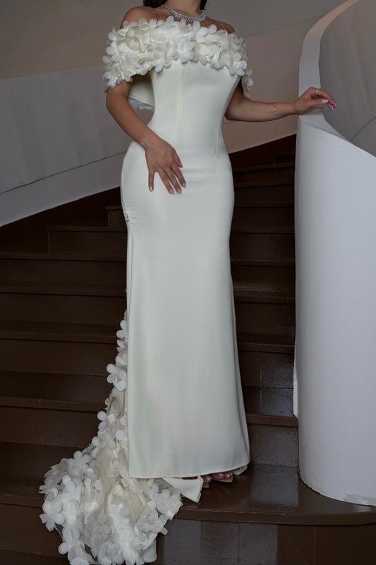 Off-the-Shoulder 3D Floral Crepe Evening Gown
