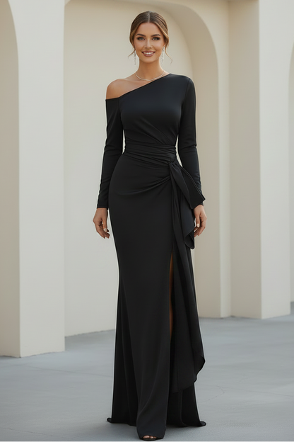 One Shoulder Long Sleeve Mermaid Gown with High Slit
