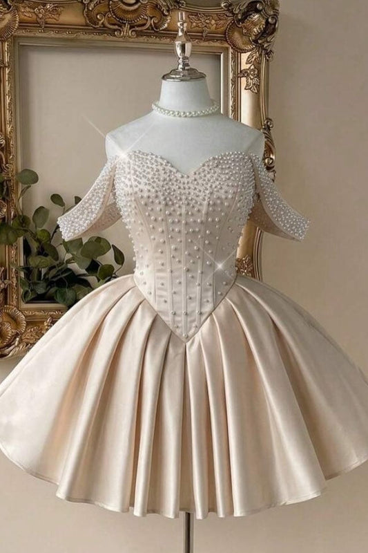 Pearl Embellished Corset Satin Mini Ball Gown