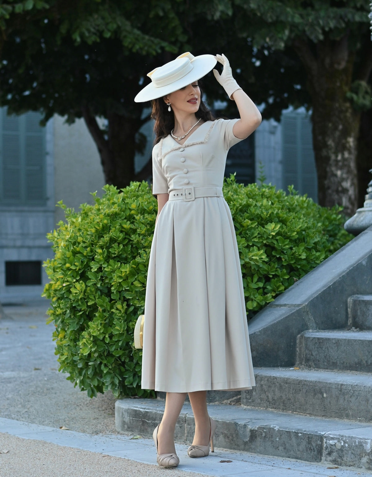 Vintage-Inspired Belted Button-Front Midi Dress