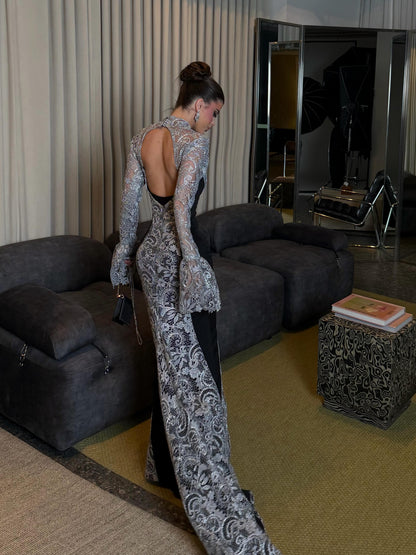 Open Back Mermaid Evening Gown with Bell Sleeves